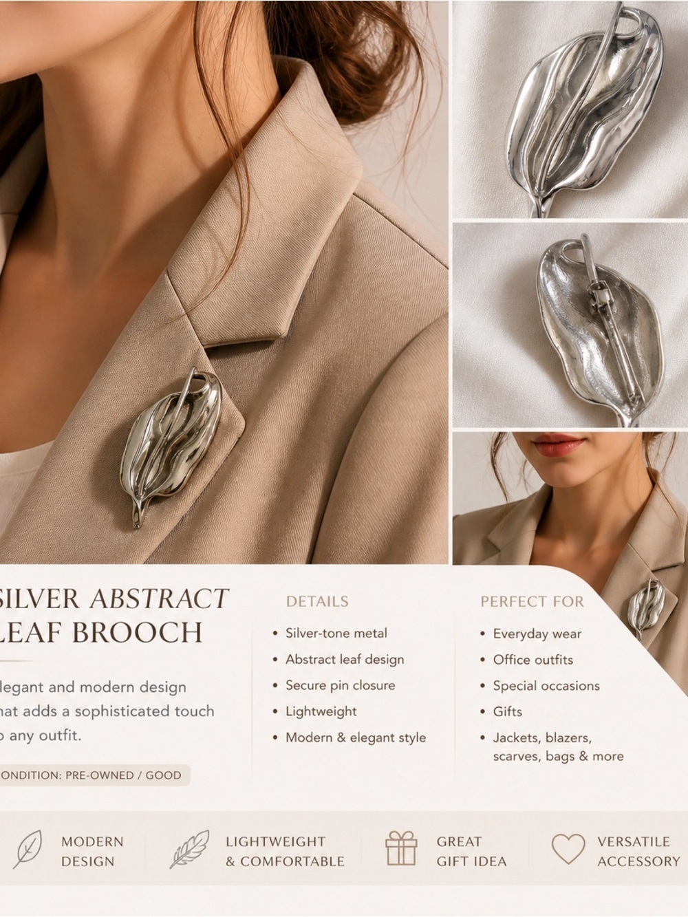 Silver Abstract Leaf Brooch - Modern Women's Jewelry